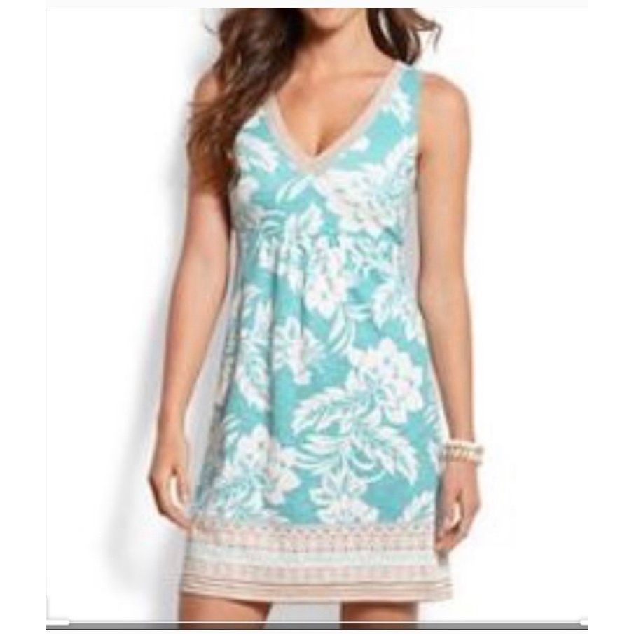 Tommy Bahama Aqua Floral Sleeveless Cotton Dress With Tan Striped Trim - M